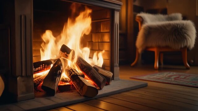 Glowing Fireplace with Burning Logs and Cozy Armchair in a Warmly Lit Room Keywords: fireplace, fire, burning logs, wood, flames