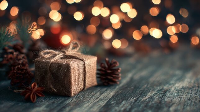 Small wrapped gift on wooden table with festive lights in the background