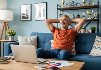 Happy middle aged man relaxing on sofa with laptop at home.
