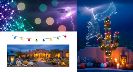 Obraz premium Desert Night with Festive Lights and BokehNeon Tree and Cozy Desert NightBokeh Glow with Desert SkylineCoastal Night and Neon Tree Collage