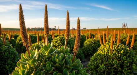 Close up view of succulent plants with tall blooms in a sunny field