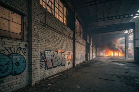 Abandoned Warehouse Scene With Fire and Graffiti at Dusk