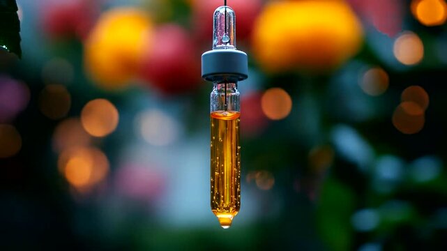 Golden liquid dripping from a clear pipette