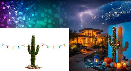 Desert Night Fest with Neon LightsCozy Desert Courtyard EveningNeon Cactus Nightscape Desert Night Trees with Fairy Lights