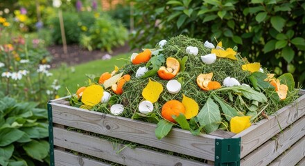 Compost pile with fresh food scraps and organic matter in a garden box
