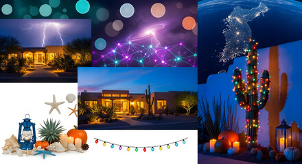 Obraz premium Nighttime Festive Courtyard with Neon DomeTwilight Nightscape with Cozy CourtyardNeon Network and Desert Garden at DuskCactus Desert Night with Neon Trees