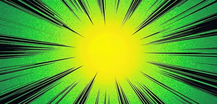 Green sunburst halftone backdrop. Comic book style graphic burst with radial lines. Modern texture design element with dynamic bold dot pattern. Bright colors burst, pop art vibe, vintage