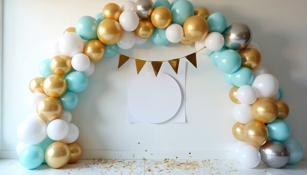 Archway made of blue gold white balloons. Festive garland hangs above blank circle backdrop for party message. Confetti on floor celebrates event.