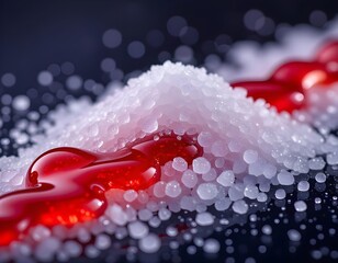Pile of white sugar turning gradually into red liquid drop shapes, visually symbolizing diabetes. Strong contrast, polished medical aesthetic, macro texture detail, poetic yet scientific