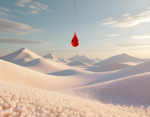 Futuristic landscape made of sugar grains and glucose molecules like mountains and dunes. One large red drop of blood suspended above the horizon, symbolizing diabetes. 