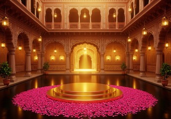 Magnificent Indian Palace Courtyard Illuminated with Flower Petals and Golden Stage.