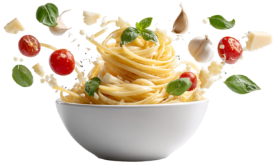 Culinary Symphony: Pasta artfully arranged with fresh ingredients, a delightful composition. A culinary experience for food enthusiasts.