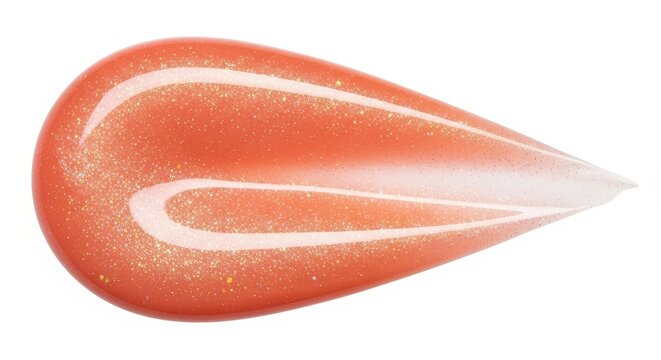 Isolated on white background, close up of coral lip gloss sample with glitter