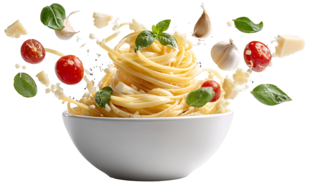 Culinary Symphony: Pasta artfully arranged with fresh ingredients, a delightful composition. A culinary experience for food enthusiasts.