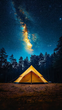 Yellow Tent Glowing Under Spectacular Milky Way in Starry Night Sky in Tranquil Forest - Outdoor Adventure, Night Camping Under Stars, Nature Escape, Stargazing, and Wilderness Exploration.