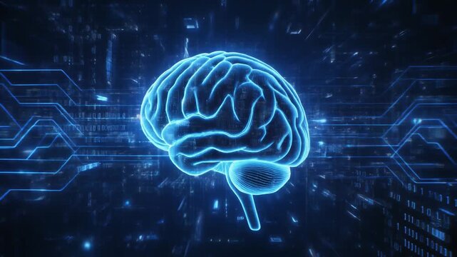 Glowing blue brain with circuit patterns and data streams on dark background for futuristic AI concept.