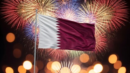 Waving Qatar flag against a backdrop of colorful fireworks and bokeh lights at night