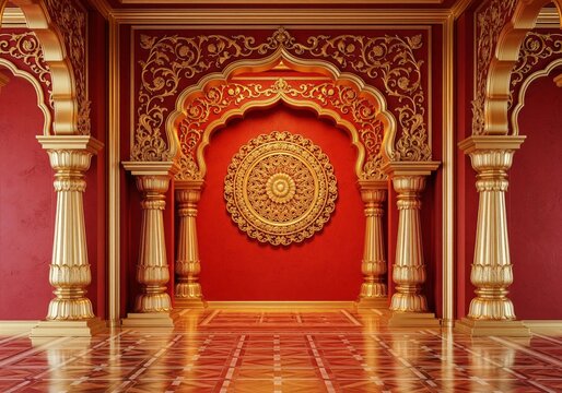 Ornate Indian Palace Interior with Golden Arches and Red Walls.