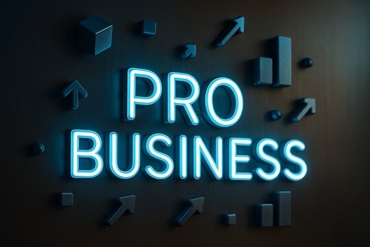 Neon blue Pro Business glowing sign with 3D geometric arrows and bars on a dark gradient background, symbolizing professional business growth concept. Ai generative - Powered by Adobe