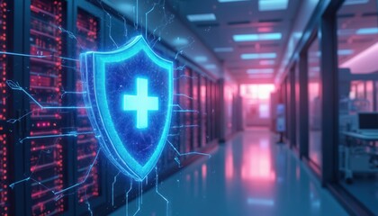 Digital shield with medical cross symbol protects patient data in healthcare. Server racks, hospital corridor represent data security, tech compliance. Illustration innovation protecting health tech