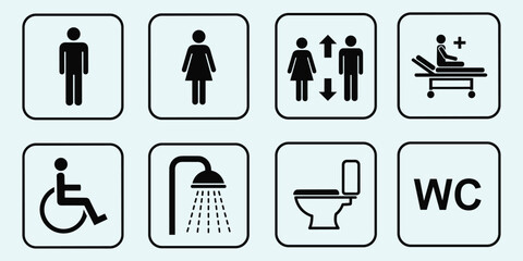Restroom icons, hospital bed symbol, elevator sign, shower facility, WC label, accessibility graphics, public signage, flat vector illustration
