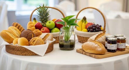 Fresh fruit and bread baskets arranged on a white table