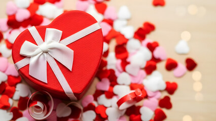 Red heart-shaped gift box with white ribbon on confetti background
