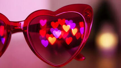 Heart-shaped sunglasses displaying heart-shaped bokeh lights