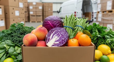 Fresh produce assortment in a delivery box with focus on vegetables and fruit