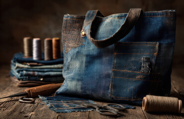 Denim tote bag with intricate stitching details, surrounded by sewing tools and spools of thread, showcasing craftsmanship and the art of textile design