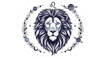 Obraz premium Majestic Leo zodiac symbol featuring a powerful lion's head illustration, framed by a celestial wreath of planets, stars, and botanical elements.