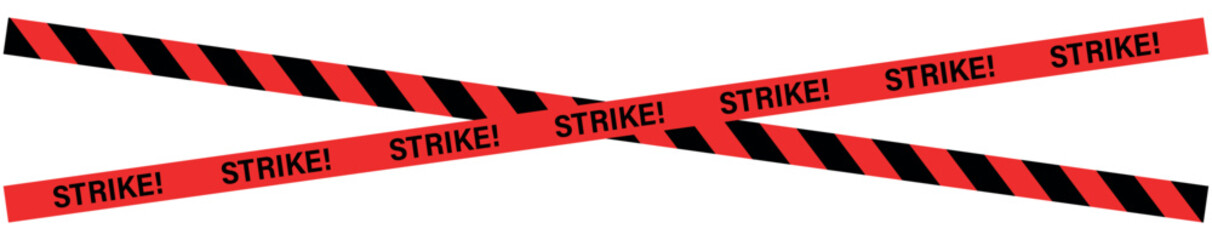 Two crossed red and black striped strike tapes with the word strike written on them over a white background , ribbons, stripes, tape