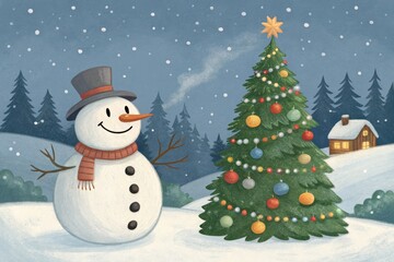 Fototapeta premium Snowman and Christmas Tree in a Winter Wonderland Scene at Night