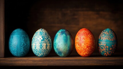 Colorful decorative eggs arranged on a wooden shelf for spring celebration