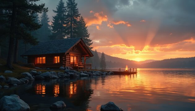 Log cabin rests by calm lake water at orange sunset. Campfire burns on wooden dock. Trees and hills form background. Warm light glows from windows. - Powered by Adobe