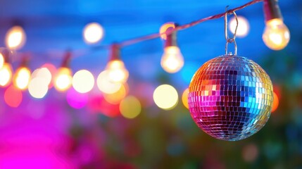 Colorful disco ball reflects bright lights in a vibrant party atmosphere