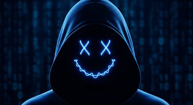 Anonymous hacker in hoodie glowing smiley face digital binary code background cyber security concept