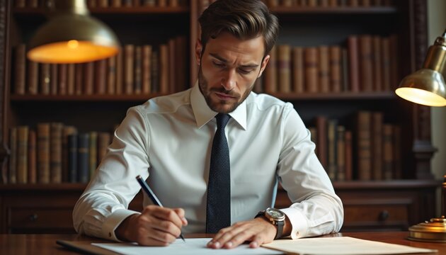 Businessman in white shirt, tie writes document with pen at office desk. Professional man signs contract report. Executive manager works in classic library, concentrating on important paperwork,