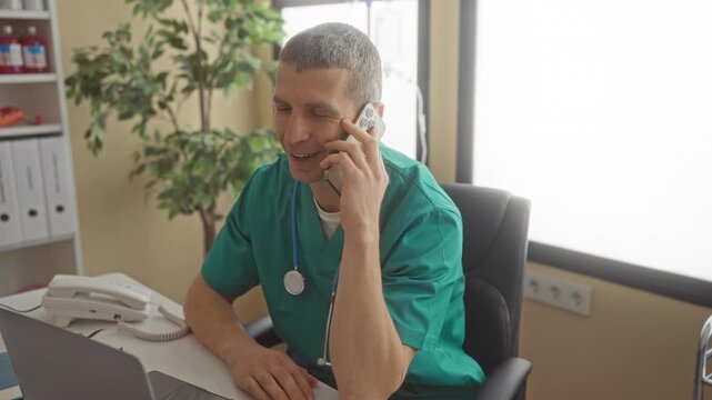 Man doctor in hospital room wearing uniform with stethoscope talking on phone, working at desk with laptop and organizer under bright light near window plant decor.