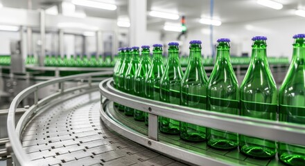 Green Glass Bottles on a Conveyor Belt in a Bottling Plant