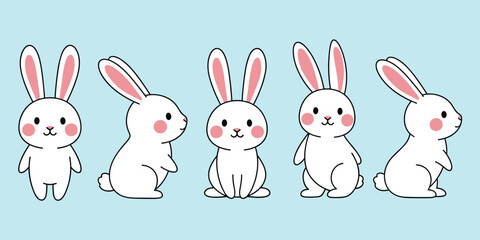 Cute white rabbits, cartoon bunny poses, animal character design, smiling rabbits, pet illustration set, flat vector illustration
