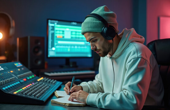 Young music producer with headphones writes song in notepad in recording studio. Male composer sits at mixing console creating new track. Artist works on computer with pro audio equipment. - Powered by Adobe