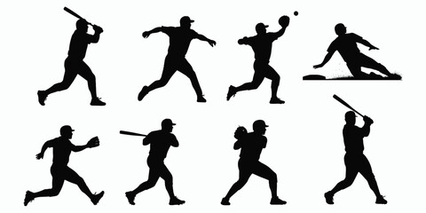 Baseball silhouettes, action poses, batting, pitching, catching, running, sliding, sports movement, athlete icons, flat vector illustration