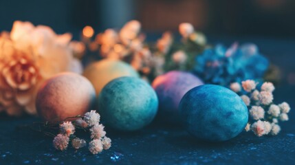Colorful pastel eggs surrounded by flowers on a dark surface