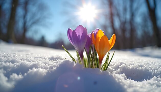Bright sun shines on purple, orange crocus flowers. Bloom in fresh white snow. Green stems emerge from cold ground. Signifies spring arrival, new life starting. Bare trees visible in blue sky.