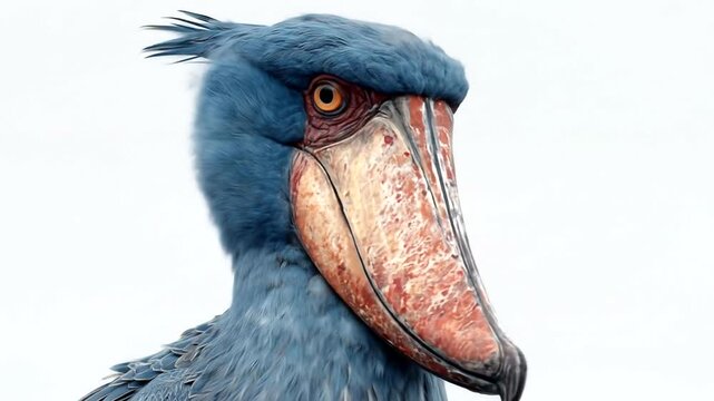 Close up of a Shoebill Stork bird with its distinctive large shoe-shaped bill.