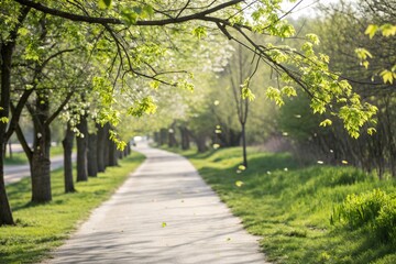Soft shadows of new green leaves falling over a bright pathway in Spring