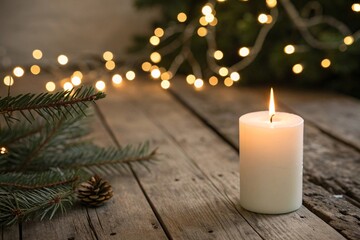 Single candle with soft flame on rustic wood table bokeh Christmas lights behind