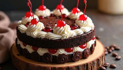 Rich chocolate Black Forest cake layered with cream and cherries. Round dessert topped with white frosting and red maraschino fruit. Delicious baked treat on wooden stand.