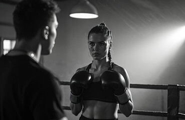 Female boxer stands in ring, listening to coach. Woman wears gloves, serious expression. Intense training session in dimly lit gym. Focused athlete prepares for fight.